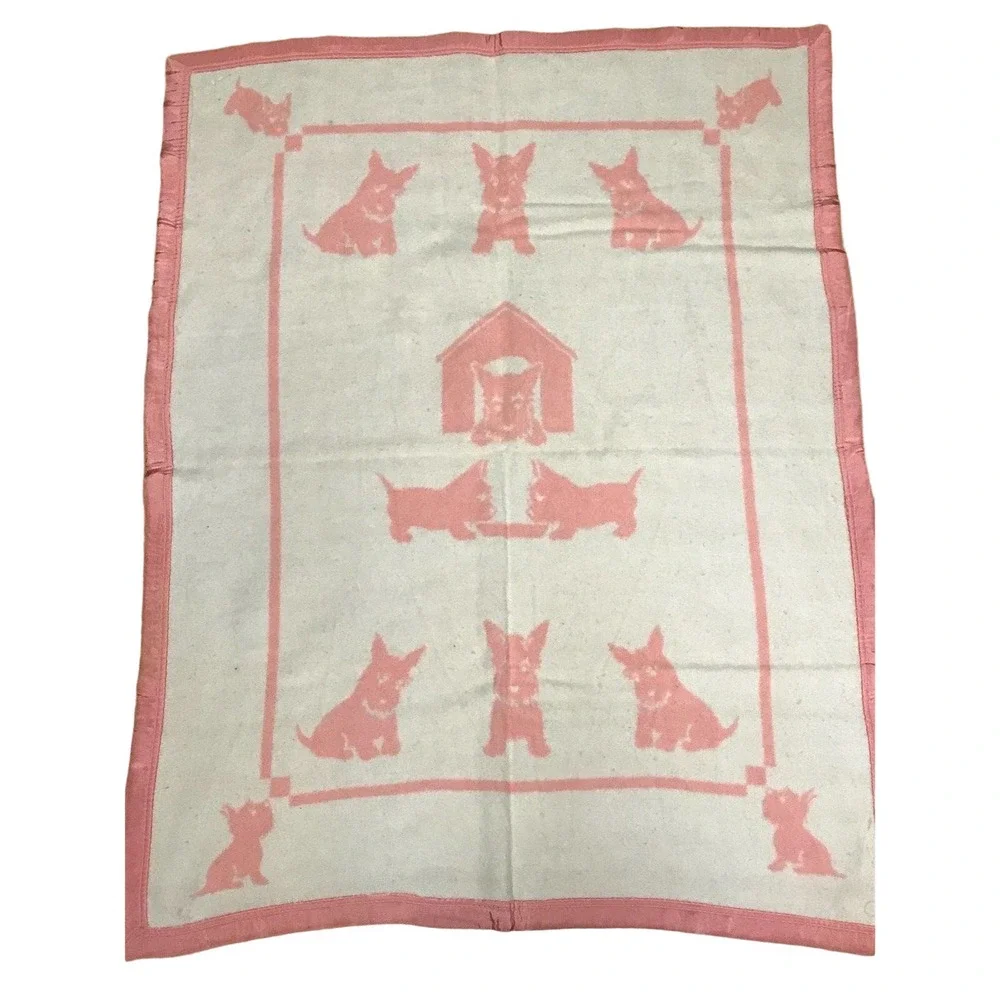 Vintage Baby Girl Blanket Pink White Scotty Dog Terrier 37x49 Flaws Age Wear‎